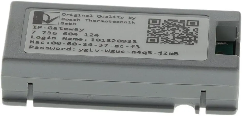 Bosch Modulsektion mit IP-Gateway-Funktion, auf der Oberseite mit QR-Code, Login-Informationen und MAC-Adresse. Kompakte Bauweise in grauem Gehäuse.